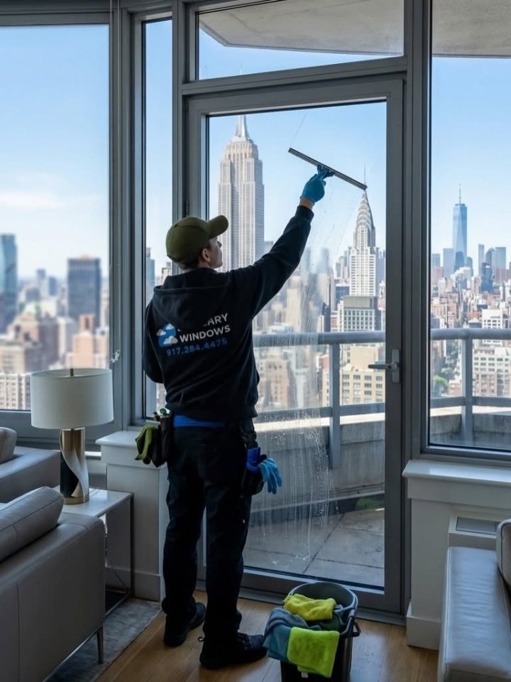 Skyway window cleaner squeegeeing a floor-to-ceiling apartment window with the Empire State Building in view