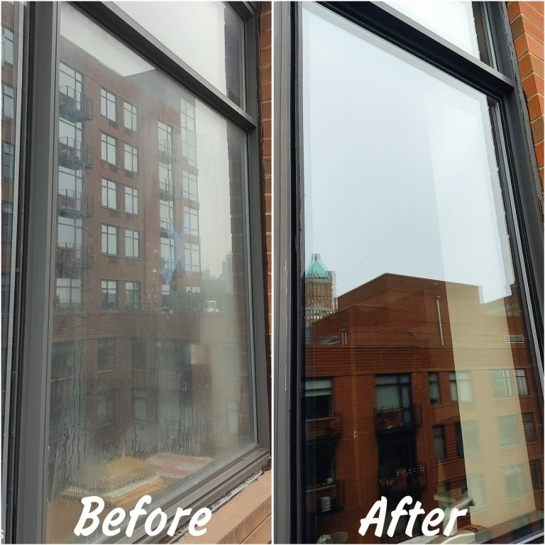 Before and after window cleaning: apartment window