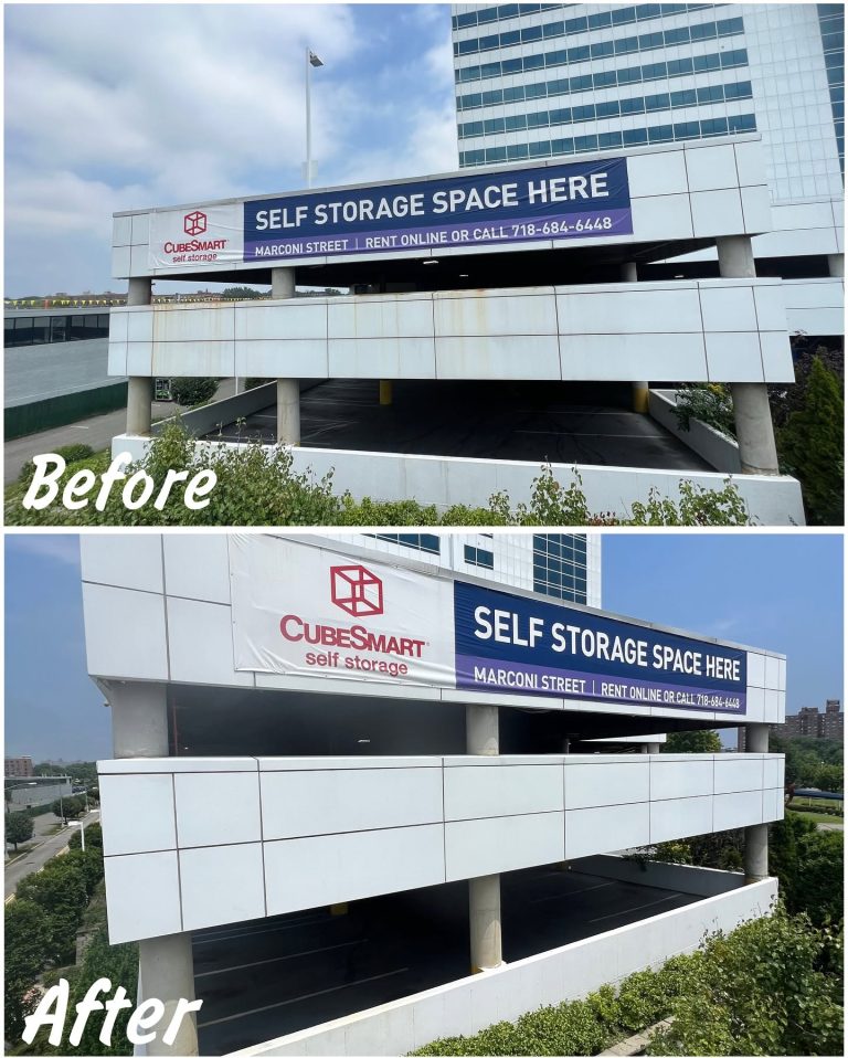 Before and after window cleaning: parking garage facade