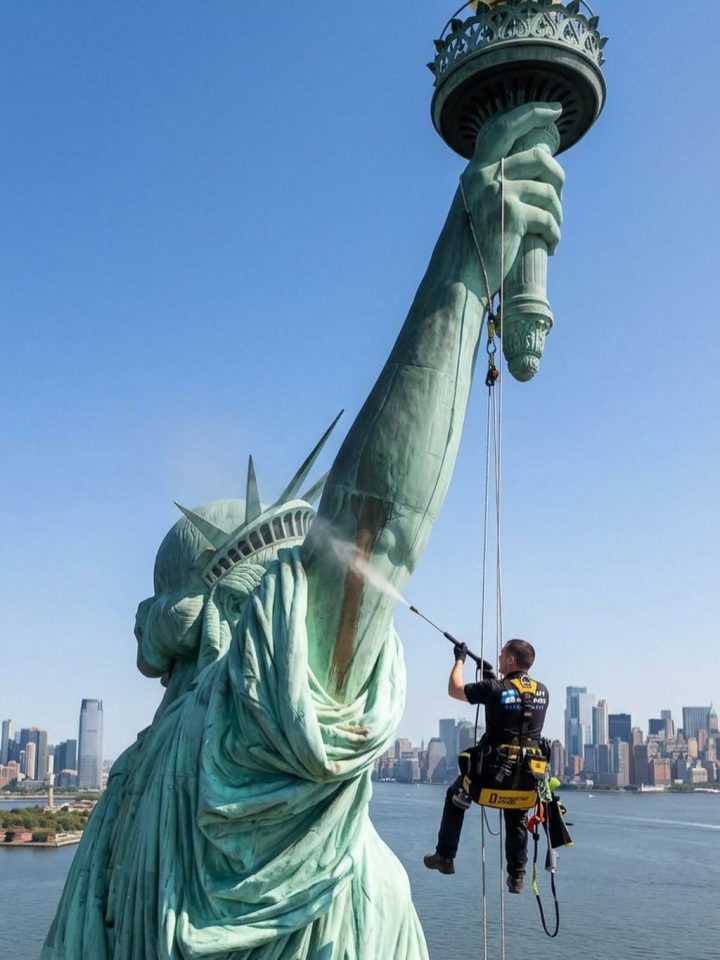 Rope access technician pressure washing the Statue of Liberty near the torch