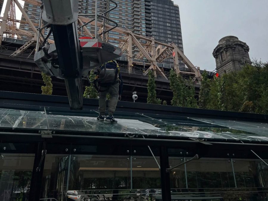 Skyway technician on a lift cleaning a glass canopy